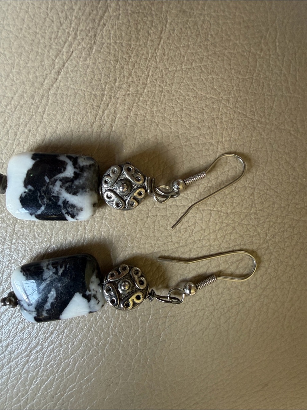 Black & White Marbled Stone Drop Earrings with Silver Accents